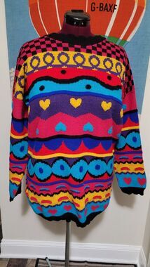 Women's Adele Knitwear USA VTG Knitted Sweater Color Block Hearts Geometric XL